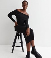 New Look Tall Black Ribbed Knit Bardot Long Sleeve Midi Bodycon Dress